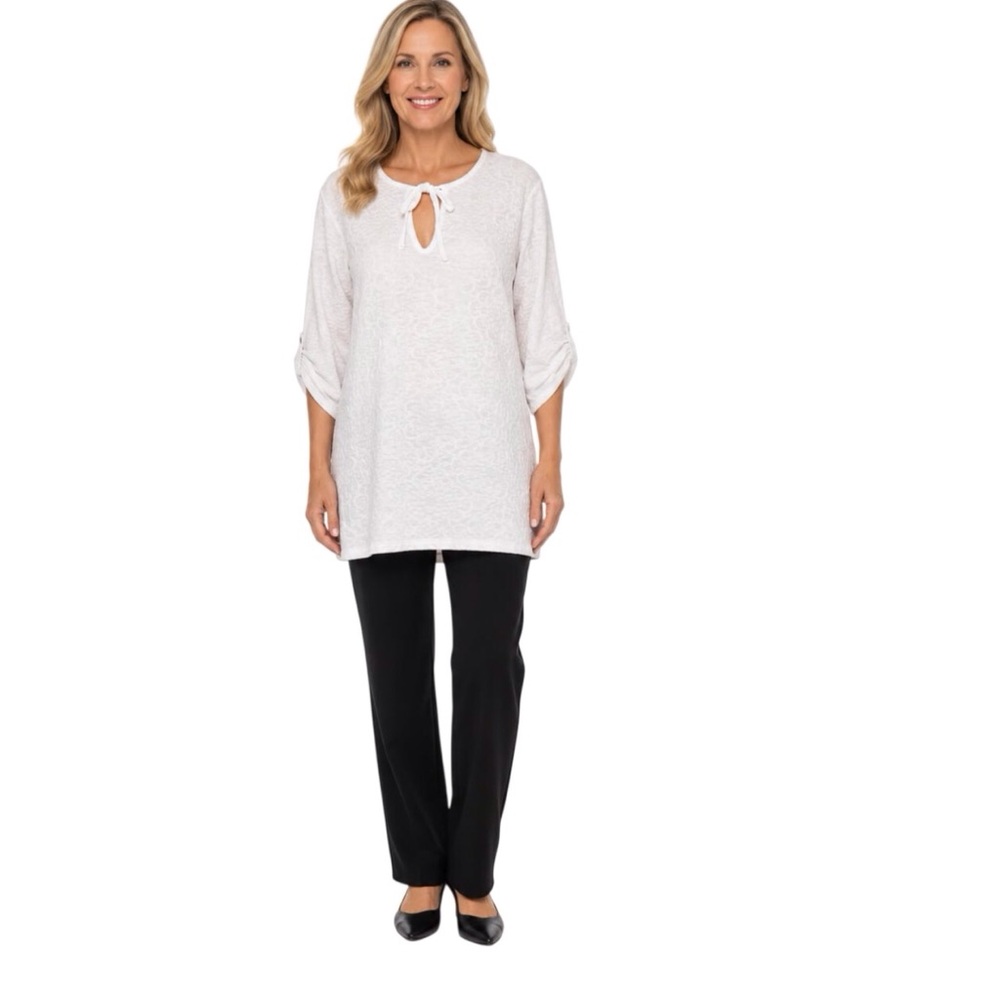 Portocruz Roll Tab Sleeve Tunic Top White Textured Knit Size Small